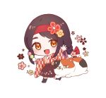  1girl :d animal bangs black_footwear black_hair black_hakama boots braid brown_eyes brown_flower brown_kimono cat chibi dango floral_background flower food hair_flower hair_ornament hairband hakama highres holding holding_food japanese_clothes kimono long_hair long_sleeves open_mouth original outstretched_arms print_kimono red_hairband sanshoku_dango simple_background sleeves_past_wrists smile solo standing standing_on_one_leg thick_eyebrows tsumetsume_zerii wagashi white_background wide_sleeves yagasuri 