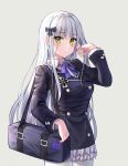  1girl alternate_costume alternate_legwear ascot bag blazer blush bow bowtie clming collared_shirt cross_hair_ornament dress_shirt eyebrows_visible_through_hair facial_mark girls_frontline gradient_hair green_eyes grey_background hair_between_eyes hair_ornament highres hk416_(girls_frontline) iron_cross jacket long_hair long_sleeves looking_at_viewer multicolored_hair neckerchief pantyhose plaid plaid_skirt purple_neckwear school_bag school_uniform shirt silver_hair skirt smile solo teardrop white_legwear white_shirt 