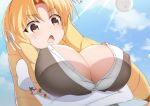  1girl :o blonde_hair blue_sky blush breasts brown_eyes bursting_breasts buttons cleavage cloud commentary_request coyomin crossed_arms day drill_hair dutch_angle eyebrows_visible_through_hair fate/kaleid_liner_prisma_illya fate_(series) flying_button hair_ribbon huge_breasts long_hair luviagelita_edelfelt popped_button ribbon ringlets sky solo sunlight sweatdrop upper_body white_ribbon 