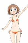  1girl :d arm_up bangs bikini blue_eyes brown_hair commentary cowboy_shot flat_chest girls_und_panzer groin highres looking_at_viewer lowleg lowleg_bikini nana_(manaita_koumuten) navel open_mouth orange_bikini outstretched_arms ribs sakaguchi_karina short_hair side-tie_bikini simple_background smile solo spread_arms standing string_bikini swimsuit white_background 