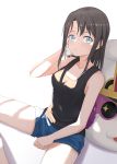  1girl bang_dream! bangs bare_shoulders between_legs black_hair black_tank_top blue_shorts breasts cleavage closed_mouth coldcat. collarbone commentary eyebrows_behind_hair feet_out_of_frame grey_eyes hair_between_eyes hair_ornament hairclip hand_between_legs highres leaning_on_object looking_at_viewer mascot_head medium_breasts medium_hair michelle_(bang_dream!) okusawa_misaki shadow short_shorts shorts sidelocks simple_background sitting solo sweat tank_top towel white_background window_shade 
