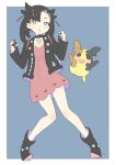  1girl absurdres black_choker black_footwear black_hair black_jacket black_nails blue_background boots border breasts bright_pupils buck_teeth choker cleavage donguri_suzume dress fingernails full_body gen_8_pokemon green_eyes hair_ribbon hands_up highres holding holding_poke_ball jacket looking_at_viewer mary_(pokemon) morpeko morpeko_(full) open_clothes open_jacket open_mouth parted_lips pink_dress poke_ball poke_ball_(generic) pokemon pokemon_(creature) pokemon_(game) pokemon_swsh red_ribbon ribbon round_teeth short_dress simple_background standing teeth white_border 