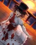  1girl :d absurdres aqua_eyes backlighting bao_(s_888) black_headwear black_ribbon blood blood_on_face blood_splatter bloody_clothes bloody_hands braid breasts brown_hair charlotte_corday_(fate/grand_order) collared_dress crying crying_with_eyes_open dress dutch_angle fate/grand_order fate_(series) flower from_above hand_up hat hat_flower highres holding holding_knife holding_weapon horizon juliet_sleeves knife large_breasts long_dress long_sleeves ocean open_mouth outstretched_hand puffy_sleeves red_flower red_rose ribbon rose sad_smile smile sunset tears top_hat weapon white_dress 