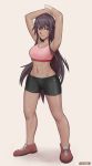  1girl abs absurdres amputee armpits arms_up artist_name bandaged_arm bandages bangs bike_shorts black_eyes black_hair breasts commentary dark_skin english_commentary full_body highres kalruna katawa_shoujo long_hair looking_at_viewer medium_breasts midriff miura_miki navel red_footwear shoes simple_background smile sneakers solo sports_bra standing toned very_long_hair 