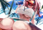  1girl :o azur_lane bangs blue_sky bottle breasts bremerton_(azur_lane) bremerton_(scorching-hot_training)_(azur_lane) chain-link_fence cleavage cloud commentary_request cowboy_shot crop_top crop_top_overhang day eyebrows_visible_through_hair eyewear_on_head fence green_skirt hair_between_eyes hair_ornament hairclip highres holding holding_bottle huge_breasts long_hair looking_at_viewer midriff multicolored_hair navel no_mole outdoors palm_tree pink_eyes pink_hair red-tinted_eyewear reflection shirt sidelocks sitting skirt sky sleeveless sleeveless_shirt solo sportswear streaked_hair sunglasses sweat tennis_uniform toru_(junshikyo) tree twintails two-tone_skirt underboob wariza water_bottle white_shirt white_skirt 