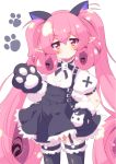  1girl animal_ears black_gloves black_legwear black_skirt blush cat_ears commentary_request cosplay curly_hair fake_animal_ears garter_straps gloves hand_on_hip highres kooh kooh_(cosplay) long_hair neneka_(princess_connect) pangya paw_gloves paws pink_eyes pink_hair pointy_ears princess_connect! princess_connect!_re:dive shirt skirt solo sw thighhighs twintails very_long_hair white_shirt 