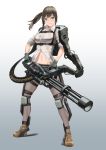  1girl absurdres brown_hair commentary_request cureeper0210 exoskeleton full_body gatling_gun gloves gradient gradient_background green_eyes gun highres holding holding_gun holding_weapon huge_filesize knee_pads korean_commentary m134_minigun midriff minigun navel original side_ponytail solo weapon 