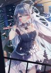  1girl ahoge azur_lane bare_shoulders black_gloves blue_hair blush breasts building choker city city_lights cityscape cleavage commentary commentary_request dress eyebrows_visible_through_hair flower gloves hair_ornament helena_(azur_lane) helena_(may_i_have_this_dance?)_(azur_lane) highres kyokko large_breasts lights long_hair looking_at_viewer md5_mismatch night open_mouth partial_commentary purple_eyes shawl short_dress sky skyscraper solo very_long_hair white_flower 