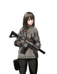  1girl absurdres ar-15 blue_eyes brown_hair commentary cureeper0210 foregrip gloves gun highres holding holding_gun holding_weapon jacket long_hair original rifle solo suppressor trigger_discipline weapon white_background 