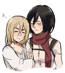  2girls arm_hug bangs belt black_eyes black_hair blonde_hair blush breasts christa_renz closed_eyes dress embarrassed hair_between_eyes happy hug kokomi_(aniesuakkaman) medium_hair mikasa_ackerman multiple_girls musical_note paradis_military_uniform red_scarf scarf shingeki_no_kyojin shirt short_hair smile strap sweat sweatdrop yuri 