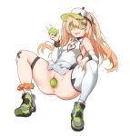  1girl 41_(chvinyau) :d absurdres anus azur_lane bache_(azur_lane) ball bangs blonde_hair blush breasts bridal_gauntlets cleavage_cutout commentary_request detached_sleeves eyebrows_visible_through_hair fangs full_body goggles green_footwear green_headwear hair_between_eyes heart_cutout highres holding holding_ball light_brown_hair long_hair long_sleeves m_legs object_insertion one_side_up open_mouth pleated_skirt see-through shirt shoes simple_background single_sock single_thighhigh skirt skirt_lift sleeveless sleeveless_shirt small_breasts smile socks solo spread_legs tennis_ball thighhighs vaginal vaginal_object_insertion very_long_hair visor_cap white_background white_legwear white_shirt white_skirt white_sleeves 