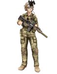  1girl absurdres assault_rifle black_eyes camouflage cureeper0210 full_body gloves goggles gun headset helmet highres holding holding_gun holding_weapon knee_pads m4_carbine military mk_18_carbine night_vision_device original rifle solo suppressor watch weapon white_background wristwatch 