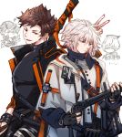  ... 2boys :d arknights bangs belial_(granblue_fantasy) belial_(granblue_fantasy)_(cosplay) belt black_belt black_gloves black_jacket black_pants black_shirt blue_eyes brown_hair cosplay costume_switch crossed_arms executor_(arknights) executor_(arknights)_(cosplay) fingerless_gloves flamebringer_(arknights) flamebringer_(arknights)_(cosplay) gloves granblue_fantasy gun hair_between_eyes halo holding holding_gun holding_weapon jacket long_sleeves looking_at_another looking_at_viewer lucifer_(shingeki_no_bahamut) lucifer_(shingeki_no_bahamut)_(cosplay) male_focus multiple_boys open_clothes open_jacket open_mouth pants pashi_(pasi_gbf) red_eyes shirt shotgun silver_hair simple_background smile smoke upper_body v weapon white_background white_jacket 