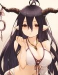  1girl antenna_hair bandage bandaged_arm bandages bangs bare_arms bare_shoulders bikini black_hair breasts cleavage collarbone commentary_request danua draph front-tie_bikini front-tie_top granblue_fantasy hair_between_eyes hand_up highres horn_ornament horns jewelry koretsuki_azuma large_breasts leaning_forward long_hair looking_at_viewer navel necklace parted_lips pointy_ears red_eyes shaded_face side-tie_bikini sidelocks solo stomach swimsuit upper_body very_long_hair white_bikini 