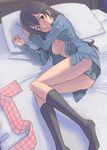  ass bed breasts brown_eyes brown_hair kneehighs kuroyagi long_hair long_legs lying medium_breasts nipples open_clothes open_shirt panties pantyshot pantyshot_(lying) shirt socks solo striped striped_panties true_tears underwear yuasa_hiromi 