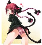  animal_ears ass bad_id bad_pixiv_id bow braid cameltoe cat_ears cat_tail fangs hair_bow heart jpeg_artifacts kaenbyou_rin kimishima_ao long_hair looking_back panties red_eyes red_hair solo striped striped_panties tail touhou twin_braids twintails underwear 