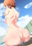  1girl anus arched_back ass back bare_back bare_shoulders blue_sky blue_swimsuit blurry blurry_background blush breasts brown_eyes brown_hair day depth_of_field dimples_of_venus from_behind hagiwara_yukiho idolmaster idolmaster_(classic) lens_flare looking_at_viewer looking_back outdoors partially_visible_vulva poolside self_hug short_hair sideboob sitting skindentation sky solo sweat swimsuit tengu_(tetuo_kun) 