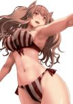  1girl angelina_(arknights) animal_ears arknights armpits bikini breasts eyebrows_visible_through_hair long_hair medium_breasts navel open_mouth outstretched_arm red_eyes side-tie_bikini simple_background solo striped striped_bikini swimsuit vertical-striped_bikini vertical_stripes white_background yamauchi_(conan-comy) 