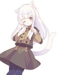  1girl animal_ears blue_legwear cat_ears cat_tail closed_mouth commentary_request fire_emblem fire_emblem:_three_houses garreg_mach_monastery_uniform long_hair long_sleeves lysithea_von_ordelia one_eye_closed pink_eyes simple_background solo tail teu_(navy) uniform white_background white_hair 