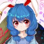  1girl :o abstract_background ambiguous_red_liquid animal_ears asymmetrical_eyebrows blue_dress blue_hair blush bunny_ears collarbone commentary_request dress ear_clip eyebrows_visible_through_hair face head_tilt highres kayon_(touzoku) kine looking_at_viewer low_twintails red_eyes seiran_(touhou) short_hair solo touhou twintails upper_body 