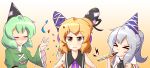  &gt;_&lt; 3girls blonde_hair blush clenched_hand closed_eyes collarbone commentary confetti dress earmuffs english_commentary green_hair hand_up hat headwear_switch highres looking_at_viewer mononobe_no_futo multiple_girls orange_background party_hat party_horn pom_pom_(clothes) ponytail ribbon shirt silver_hair simple_background sleeveless sleeveless_shirt smile soga_no_tojiko sweatdrop tate_eboshi touhou toyosatomimi_no_miko upper_body wool_(miwol) yellow_eyes 