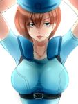  1girl blue_eyes breasts brown_hair hat jill_valentine looking_at_viewer medium_breasts nagare resident_evil short_hair simple_background solo white_background 