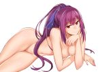  1girl absurdres bangs breasts fate/grand_order fate_(series) hair_between_eyes head_in_hand highres looking_at_viewer lying medium_breasts navel nude on_side onceskylark ponytail purple_hair scathach_(fate)_(all) scathach_skadi_(fate/grand_order) solo 