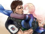  1boy 1girl blonde_hair blush breasts chris_redfield fingerless_gloves gloves hetero hug imminent_kiss jill_valentine large_breasts long_hair nagare ponytail resident_evil resident_evil_5 