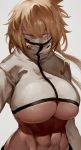  1girl abs absurdres arms_at_sides arrancar bangs bleach blonde_hair blue_eyes breasts collared_jacket covered_mouth cropped_jacket dark_skin densen_(itoguchi) espada eyebrows_visible_through_hair eyes_visible_through_hair floating_hair hair_between_eyes half-closed_eyes high_collar highres huge_breasts jacket long_hair long_sleeves looking_at_viewer low-tied_long_hair midriff no_bra parted_bangs simple_background skindentation solo stomach tier_harribel toned underboob white_background 