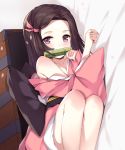  1girl bamboo bare_shoulders bit_gag black_hair collarbone commentary_request forehead gag hair_ribbon highres japanese_clothes kamado_nezuko kimetsu_no_yaiba kimono long_hair looking_at_viewer p-a-cheng pink_eyes pink_kimono pink_ribbon ribbon solo very_long_hair 