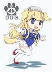  1girl animal_ears blonde_hair blue_eyes blue_shirt breasts cleavage commentary_request dog_ears dog_tail fletcher_(kantai_collection) full_body hairband highres kantai_collection kemonomimi_mode large_breasts logo long_hair neckerchief off_shoulder outstretched_arms pleated_skirt running sailor_collar school_uniform serafuku shirt simple_background skirt solo tail thighhighs white_background white_legwear white_sailor_collar white_skirt yakuto007 yellow_neckwear 