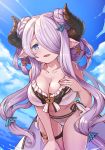  1girl bare_shoulders bikini blue_eyes blue_sky blush braid breasts cleavage collarbone double_bun draph earrings granblue_fantasy hair_ornament hair_over_one_eye hand_on_own_chest highres horns jewelry large_breasts lavender_hair leaning_forward long_hair looking_at_viewer low_tied_hair narmaya_(granblue_fantasy) ocean open_mouth pointy_ears shinori_(efvbji6264) sky smile solo sunlight swimsuit thigh_strap thighs wading white_bikini 