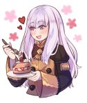  1girl cake eating fire_emblem fire_emblem:_three_houses food fork fruit garreg_mach_monastery_uniform heart highres holding holding_fork long_hair long_sleeves lysithea_von_ordelia mimiblargh open_mouth pink_eyes plate solo strawberry uniform upper_body white_hair 