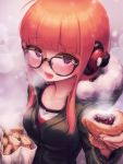  1girl allen_(makaroll) behind-the-head_headphones black-framed_eyewear blush breasts food fur-trimmed_jacket fur_trim glasses green_jacket headphones jacket long_hair looking_at_viewer off_shoulder open_mouth orange_hair persona persona_5 purple_eyes sakura_futaba solo 