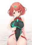  1girl amekosame bangs breasts cameltoe comiket_96 competition_swimsuit gem glowing hair_ornament headpiece homura_(xenoblade_2) jewelry large_breasts looking_at_viewer one-piece_swimsuit partially_visible_vulva pussy red_eyes red_hair short_hair sideboob sitting solo swept_bangs swimsuit thighs xenoblade_(series) xenoblade_2 