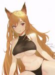  1girl :q absurdres animal_ears arknights bangs bare_shoulders black_panties breasts bustier ceobe_(arknights) covered_nipples dog_ears heart heart-shaped_pupils highres large_breasts long_hair looking_at_viewer maxp_yuanhang navel orange_hair panties purple_eyes simple_background solo spread_legs symbol-shaped_pupils tongue tongue_out underboob underwear very_long_hair white_background 
