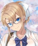  1girl bespectacled blonde_girl_(itou) blonde_hair blue-framed_eyewear blue_neckwear bow bowtie breasts cherry_blossoms cleavage closed_mouth collared_shirt eyebrows_visible_through_hair glasses hair_between_eyes hair_bow head_tilt highres itou_(onsoku_tassha) looking_at_viewer medium_hair original ponytail portrait school_uniform shirt shoulder_strap smile solo white_bow white_shirt wing_collar 