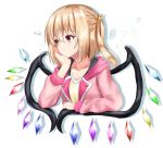  ! 1girl =3 ? absurdres alternate_costume arm_rest blonde_hair collarbone commentary crown_hair_ornament drop_shadow elbow_rest expressionless eyebrows_visible_through_hair flandre_scarlet hair_between_eyes head_in_hand heart heart_wings highres jacket kaeremu long_sleeves looking_to_the_side no_hat no_headwear one_side_up open_clothes open_jacket pink_jacket red_eyes shirt short_hair simple_background solo squiggle touhou upper_body white_background wings yellow_shirt 