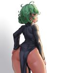  1girl arm_at_side ass black_dress contrapposto curly_hair dress flipped_hair from_behind green_eyes green_hair hand_on_hip highleg highleg_dress highres kelvin_hiu looking_back no_panties one-punch_man pelvic_curtain short_hair side_slit solo tatsumaki thick_thighs thighs toned trefoil white_background wide_hips 