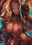  1girl absurdres animal_ears aqua_eyes breasts bridal_gauntlets circlet cleavage dark_skin ears_through_headwear egyptian_clothes eyeliner eyeshadow fate/grand_order fate_(series) forehead_jewel gem head_chain highres jackal_ears large_breasts looking_at_viewer makeup midriff oil_lamp purple_hair queen_of_sheba_(fate/grand_order) smile solo touhu_(touhuumai) 