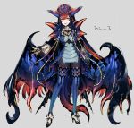  1girl black_hair claws eyebrows_visible_through_hair grey_background katagiri_hachigou long_hair monster_hunter monster_hunter:_world multicolored multicolored_hair namielle parted_lips personification red_hair simple_background smile solo standing tail teeth very_long_hair wings yellow_eyes 