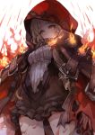 1girl artist_request bangs belt belt_buckle blonde_hair blood blunt_bangs brown_belt brown_dress buckle cape closed_mouth dress dutch_angle expressionless fire frilled_dress frills hair_ribbon hood hood_up hooded_cape keyhole little_red_riding_hood_(sinoalice) lock long_hair looking_at_viewer padlock red_cape red_ribbon ribbon short_dress sidelocks simple_background sinoalice solo standing torn_clothes wavy_hair white_background yellow_eyes 