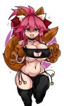  1girl absurdres animal_ear_fluff animal_ears big_hair black_choker black_legwear black_panties breasts cat_cutout cat_ears choker cleavage fangs fate/extra fate/grand_order fate_(series) gloves hair_ribbon highres huge_breasts navel orange_eyes panties paw_gloves paw_pose paws pink_hair ribbon side-tie_panties skin_fangs solo spaghetti_strap strapless tail tamamo_(fate)_(all) tamamo_cat_(fate) tamamo_no_mae_(fate) thick_thighs thighhighs thighs tubetop underboob underwear zana 