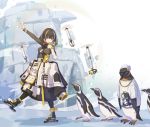  1girl animal arknights beak_mask bird black_coat black_hair clothed_animal coat commentary_request drone gold_necklace green_sweater highres ice_skates igloo jewelry kazana_(sakuto) long_sleeves magallan_(arknights) mask mask_around_neck multicolored_hair necklace penguin rhine_lab_logo ribbed_sweater short_hair skates snow snow_shelter streaked_hair sunglasses sweater the_emperor_(arknights) turtleneck turtleneck_sweater two-tone_hair whistle white_hair yellow_eyes 