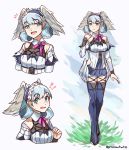  !? 1girl blue_eyes blush braid breasts crown_braid eyebrows_visible_through_hair full_body grass graysheartart head_wings juliet_sleeves long_sleeves looking_at_viewer medium_breasts melia multiple_views o-ring open_mouth puffy_sleeves signature silver_hair simple_background thighhighs white_background xenoblade_(series) xenoblade_1 