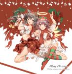  2girls alternate_costume animal_ears arknights bandeau bell bike_shorts black_hair black_shorts bow breasts candy candy_cane cherry christmas christmas_ornaments christmas_stocking cleavage crop_top cursive detached_wings english_text exusiai_(arknights) food frilled_skirt frills fruit full_body gloves green_legwear hairband halo heart highres kneehighs kneeling long_hair looking_at_viewer medium_breasts merry_christmas midriff miniskirt mistletoe multiple_girls navel off-shoulder_shirt off_shoulder outstretched_hand plaid plaid_skirt pom_pom_(clothes) reaching_out red_background red_hair red_legwear red_skirt ribbon shirt short_hair short_shorts shorts shorts_under_skirt sitting skirt snowflakes snowman strapless striped striped_legwear texas_(arknights) thighs tubetop white_background white_gloves white_legwear white_shirt white_skirt wings wolf_ears xiye 