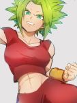  1girl abs arm_at_side bracelet breasts clenched_hand clenched_teeth collarbone crop_top dragon_ball dragon_ball_super earrings fighting_stance fingernails green_eyes green_hair grey_background grin jewelry kefla_(dragon_ball) kemachiku large_breasts looking_at_viewer midriff muscle muscular_female pants potara_earrings red_pants shiny shiny_hair shiny_skin short_hair short_sleeves sidelocks simple_background smile solo spiked_hair teeth upper_body v-shaped_eyebrows 