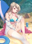  1girl absurdres azur_lane bangs bikini blonde_hair blue_bikini blush braid breasts camping cleavage crab double_bun eyebrows_visible_through_hair finx formidable_(azur_lane) formidable_(the_lady_of_the_beach)_(azur_lane) highres large_breasts lifebuoy long_hair looking_at_viewer navel pink_hair sand shirt sidelocks single_thighhigh sitting solo swimsuit thighhighs very_long_hair white_shirt 