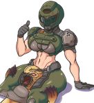  1girl arm_support armor asphyxiation ass between_legs black_gloves breasts crop_top demon doom_(game) doomguy fangs genderswap gloves hand_up helmet konaloid large_breasts midriff muscle navel open_mouth pantyhose scissorhold short_sleeves shoulder_armor simple_background strangling thumbs_up toned white_background 