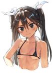  1girl absurdres bangs bare_shoulders bikini black_bikini blush breasts brown_hair cleavage closed_mouth collarbone commentary_request eyebrows_visible_through_hair green_eyes hair_between_eyes hair_ribbon highres kantai_collection kawakami_rokkaku long_hair looking_at_viewer ribbon simple_background sketch small_breasts smile solo swimsuit tone_(kantai_collection) twintails upper_body wet white_background 